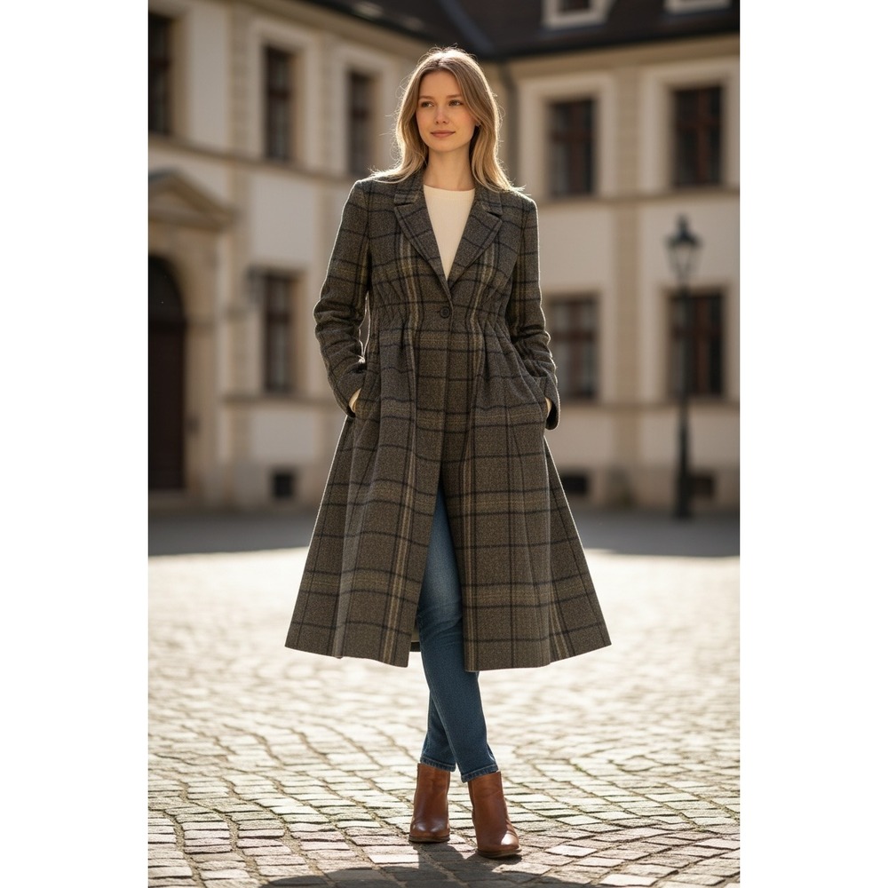 Opening Ceremony Womens XS Wool Blend Trench Coat Olive Green Plaid Smocked Wais